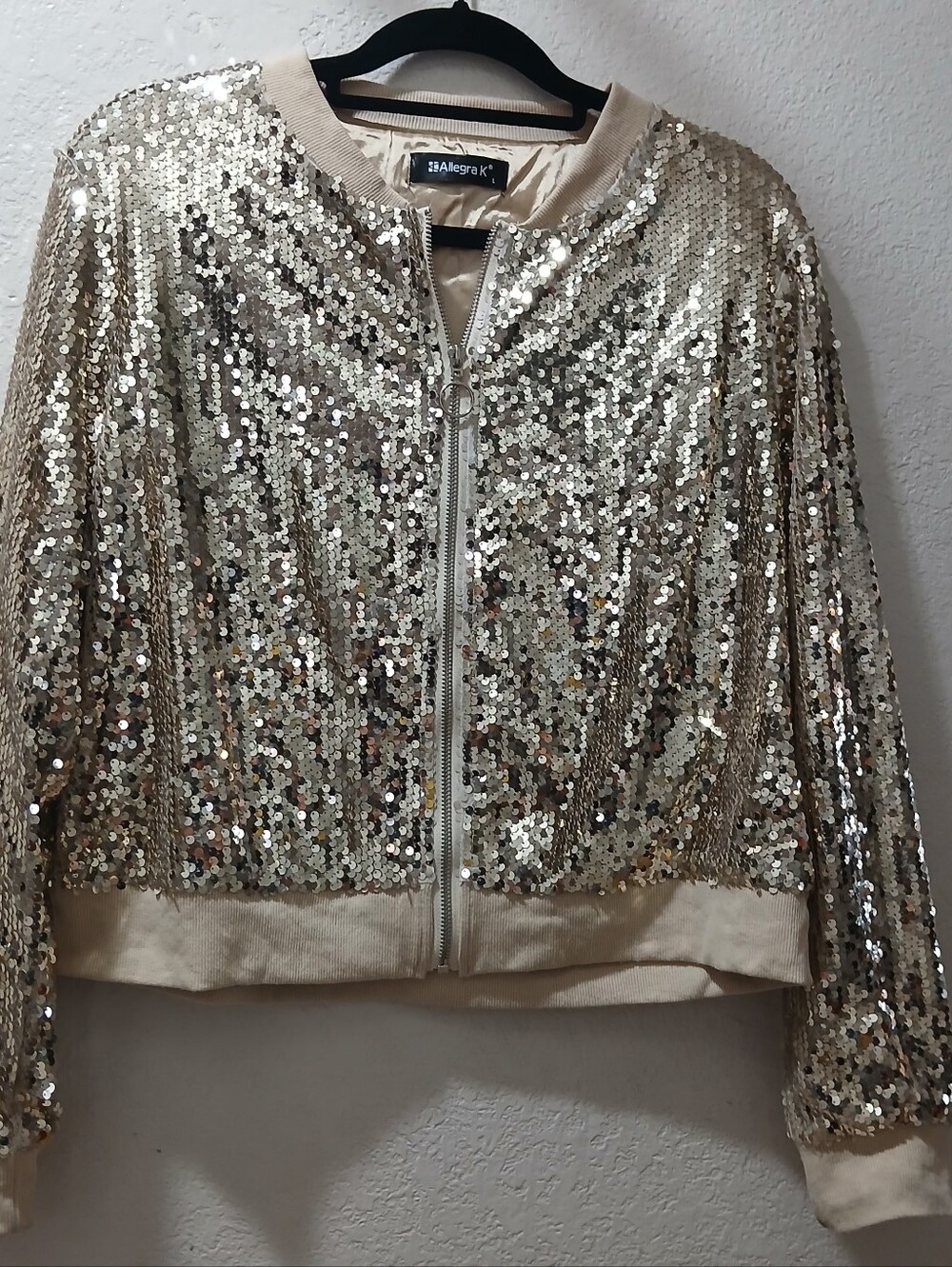 Allegra K Gold Sequin Bomber Jacket with Cream Trim